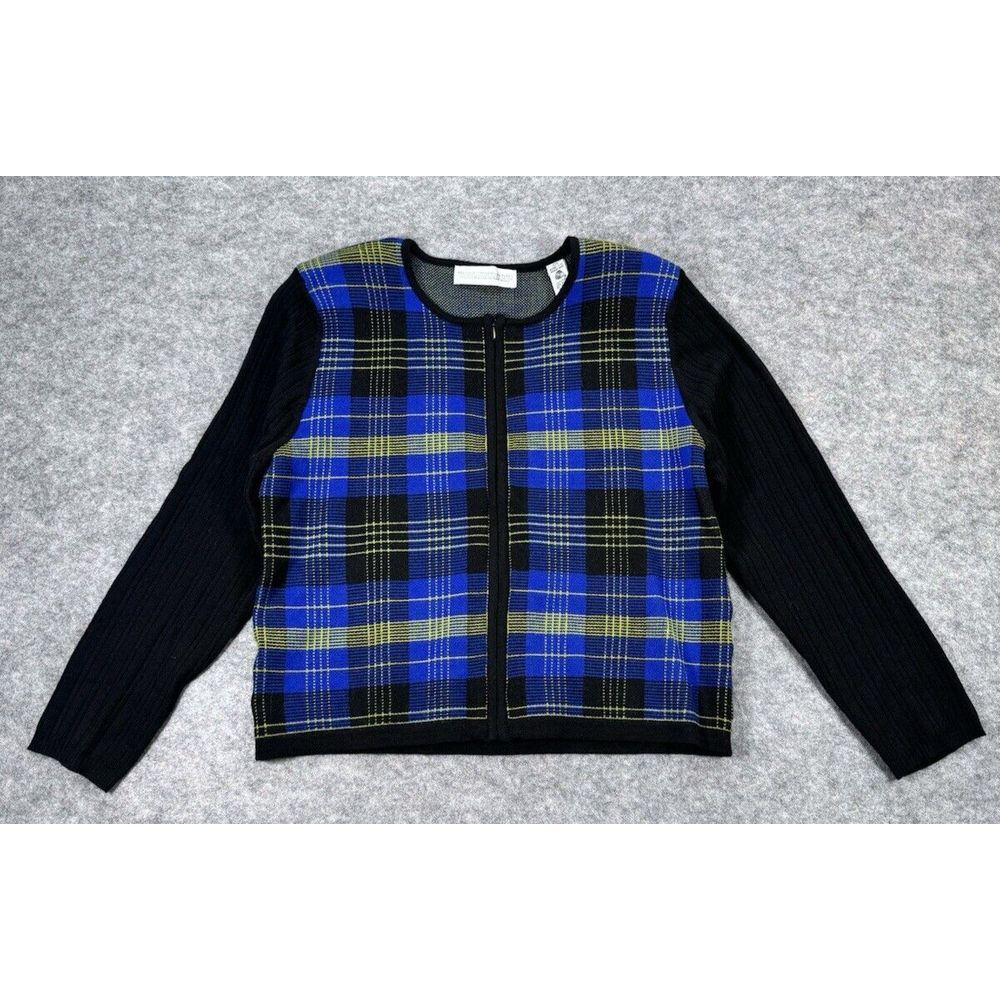 Valerie Stevens Petites Women PM Cardigan Blue Plaid Full Zip 100% Wool